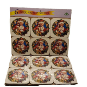 𝅺vintage Set of 12 Cork Backed Coasters Santa Rudolph Wreath 4" x 4"